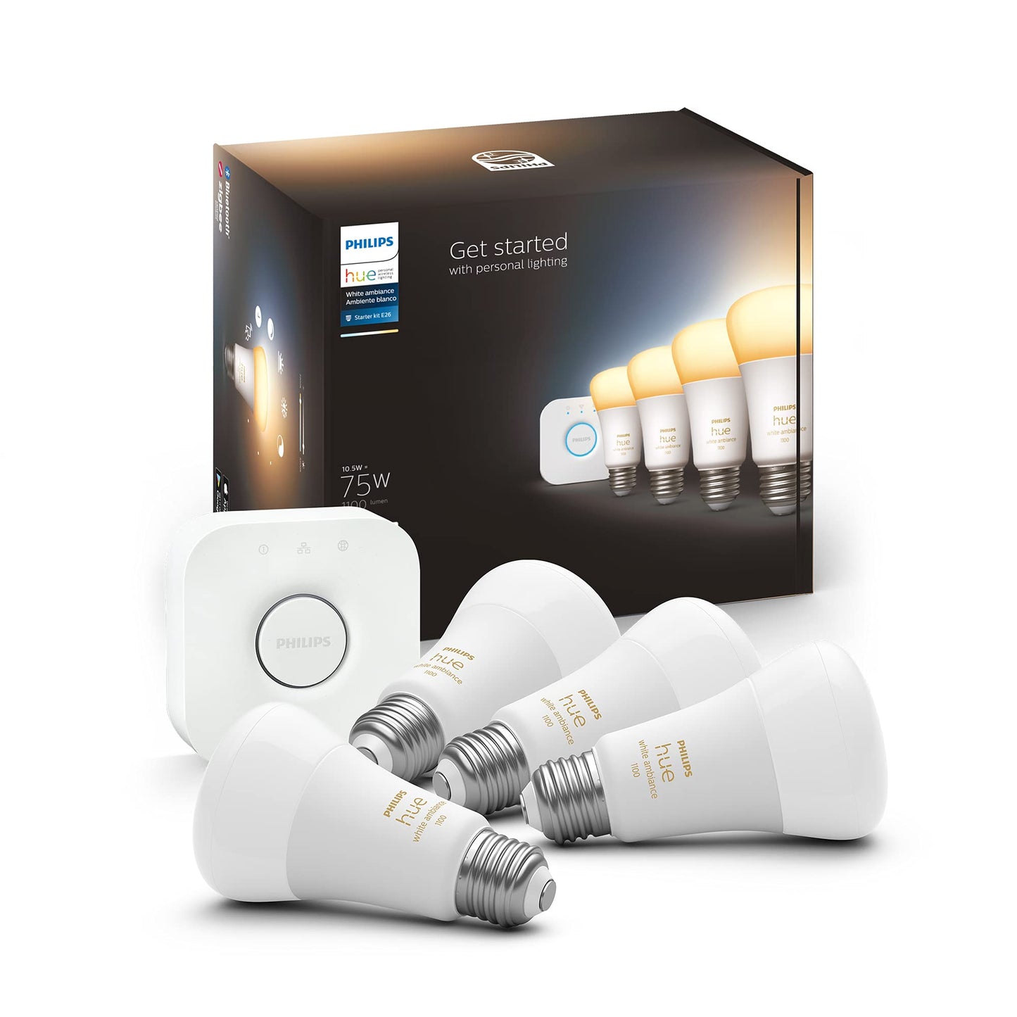 Philips Hue Smart Light Starter Kit - Includes (1) Bridge and (4) 75W A19 E26 LED Smart White and Color Ambiance Bulbs - Control with App - Compatible with Alexa, Google Assistant, and Apple HomeKit