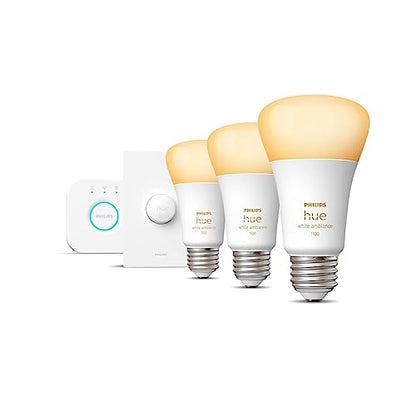 Philips Hue Smart Light Starter Kit - Includes (1) Bridge and (4) 75W A19 E26 LED Smart White and Color Ambiance Bulbs - Control with App - Compatible with Alexa, Google Assistant, and Apple HomeKit