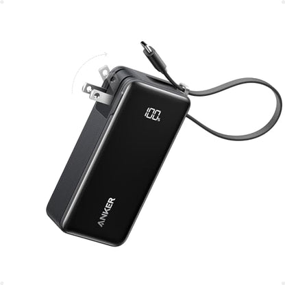 10000mAh 30W Portable Power Bank with Built-In USB-C Cable and Plug