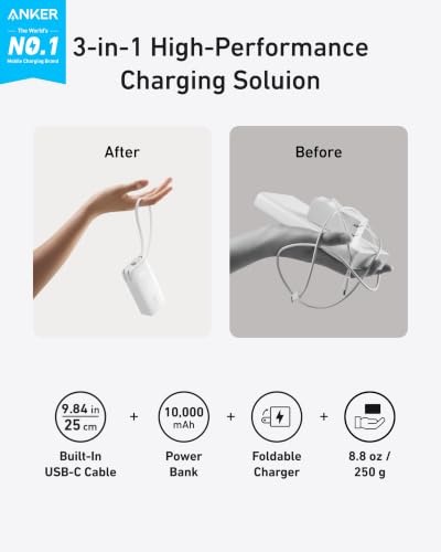 10000mAh 30W Portable Power Bank with Built-In USB-C Cable and Plug