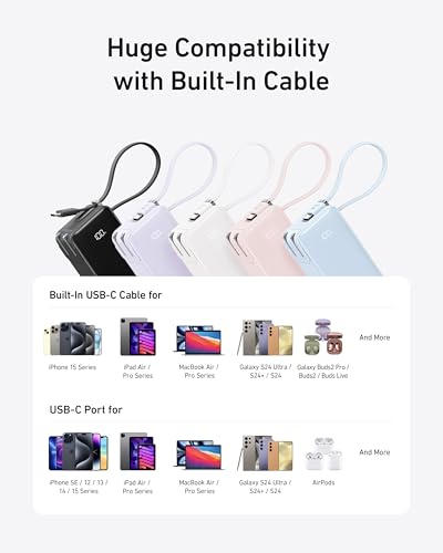 10000mAh 30W Portable Power Bank with Built-In USB-C Cable and Plug