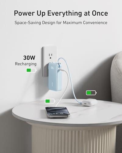 10000mAh 30W Portable Power Bank with Built-In USB-C Cable and Plug