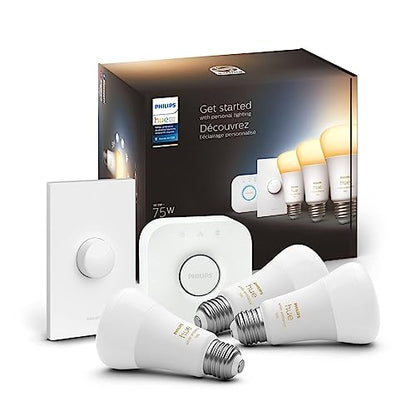 Philips Hue Smart Light Starter Kit - Includes (1) Bridge and (4) 75W A19 E26 LED Smart White and Color Ambiance Bulbs - Control with App - Compatible with Alexa, Google Assistant, and Apple HomeKit