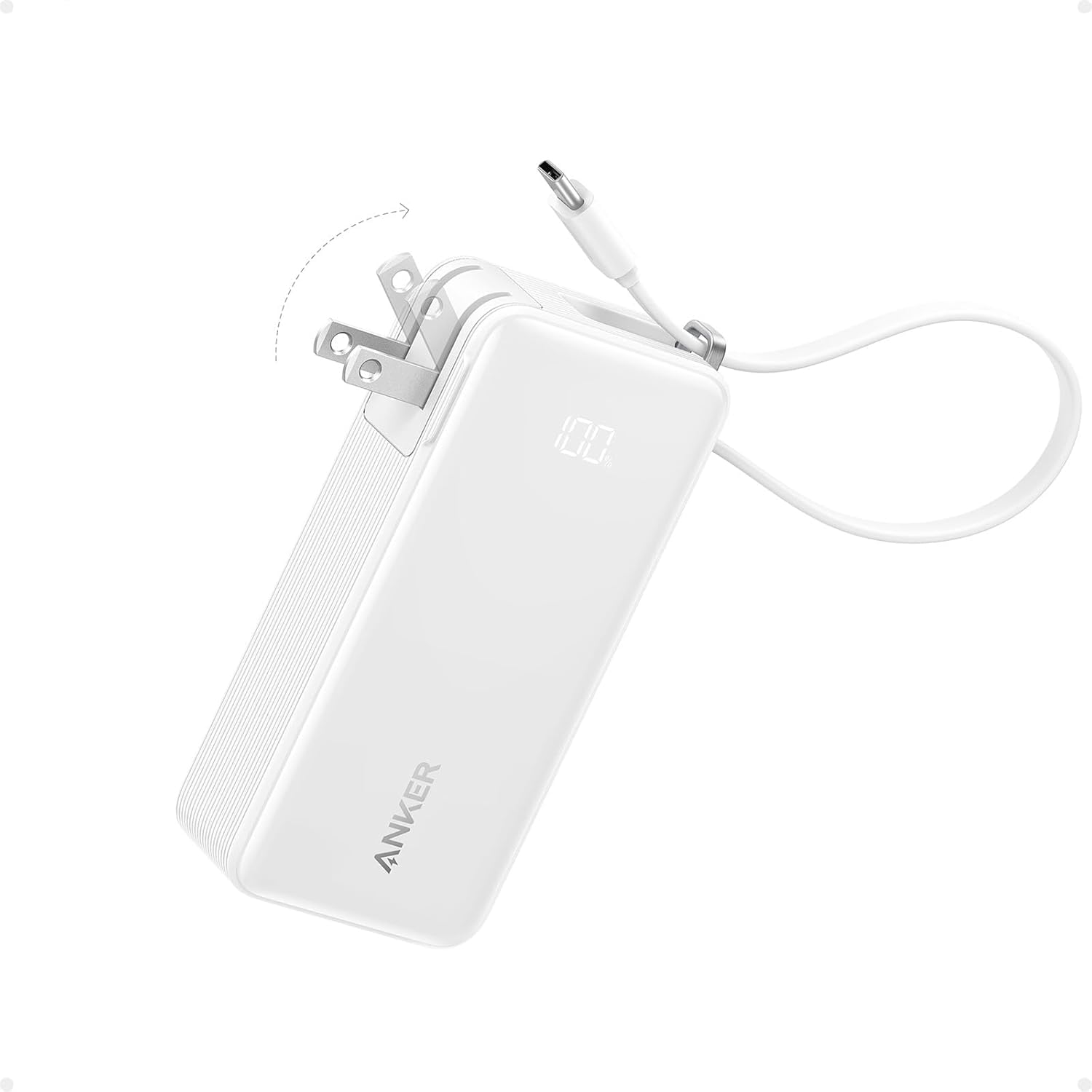 10000mAh 30W Portable Power Bank with Built-In USB-C Cable and Plug