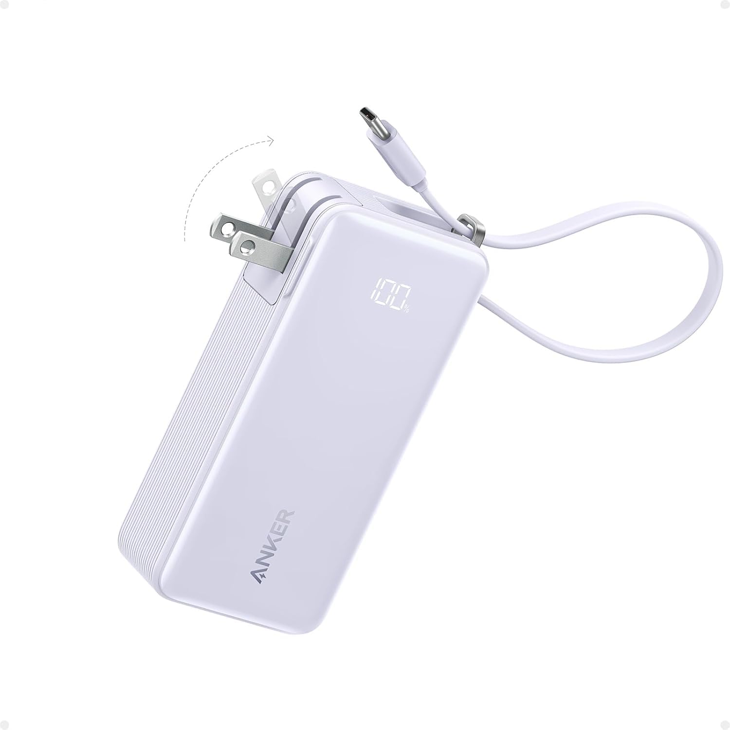 10000mAh 30W Portable Power Bank with Built-In USB-C Cable and Plug