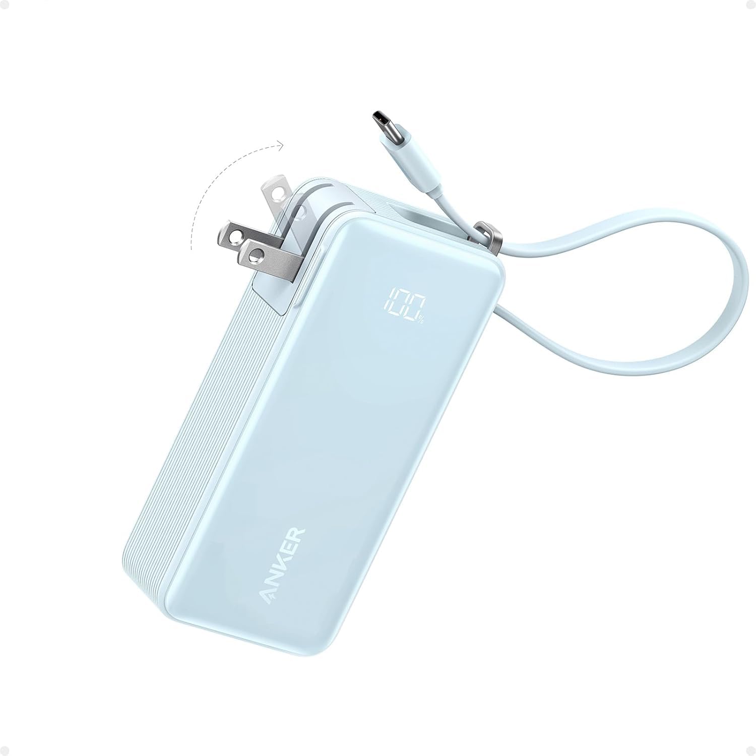 10000mAh 30W Portable Power Bank with Built-In USB-C Cable and Plug