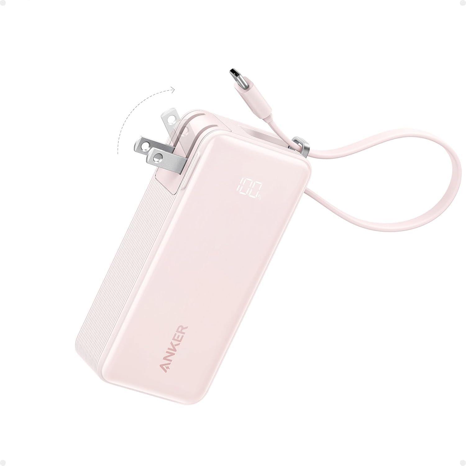 10000mAh 30W Portable Power Bank with Built-In USB-C Cable and Plug