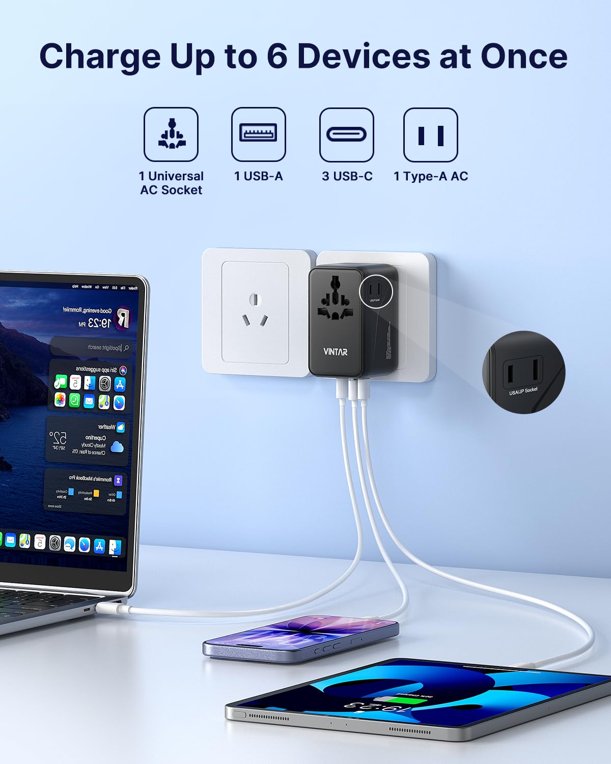 Universal Travel Adapter with 3 USB-C Ports, 2 USB Ports and Worldwide Compatibility