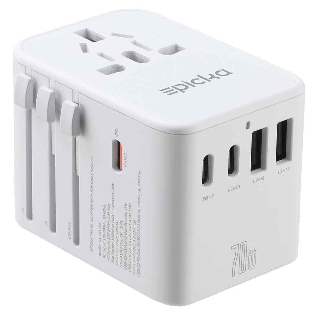 GaN Universal Travel Adapter with 3 USB-C PD Ports and 2 USB-A Ports