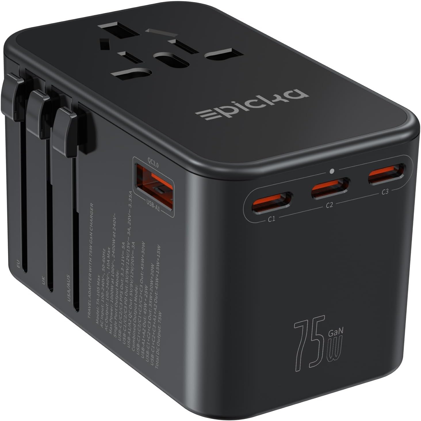 GaN Universal Travel Adapter with 3 USB-C PD Ports and 2 USB-A Ports