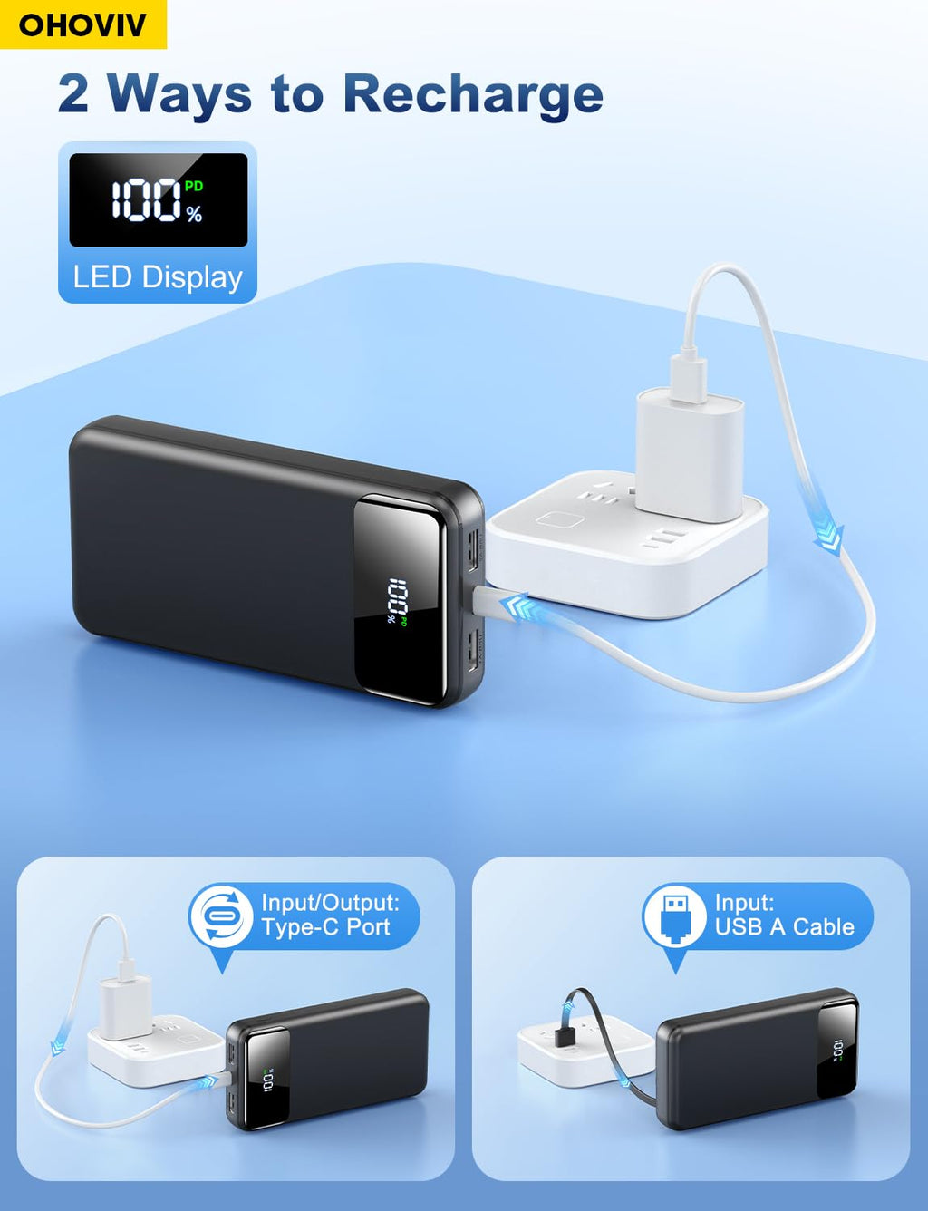 50000mAh Portable Power Bank with Built-In Cables and Fast Charging