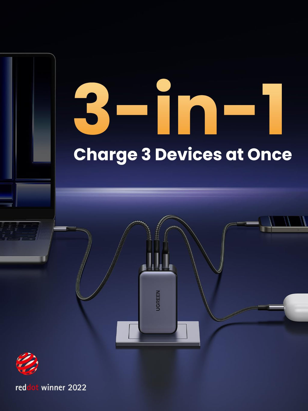 65W 3-Port GaN USB-C Charger with Foldable Compact Design