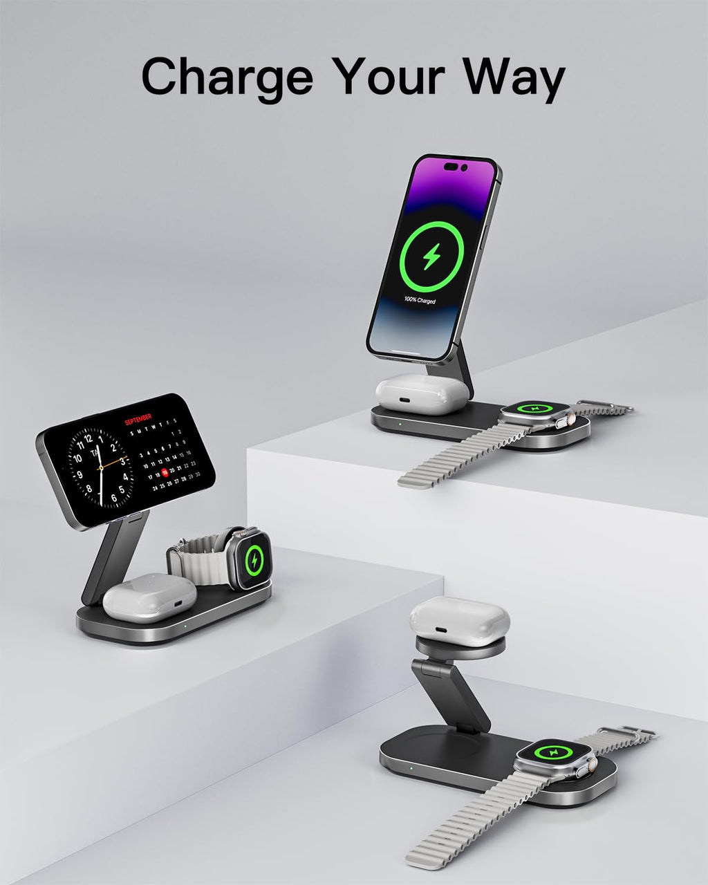 Foldable 3-in-1 Magnetic Wireless Charging Station for Apple Devices