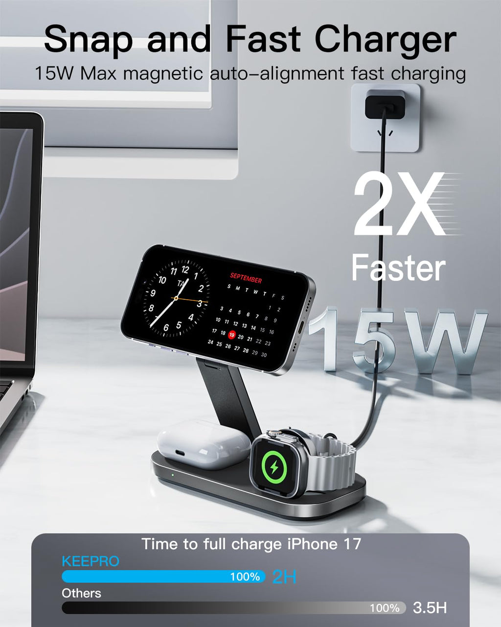 Foldable 3-in-1 Magnetic Wireless Charging Station for Apple Devices