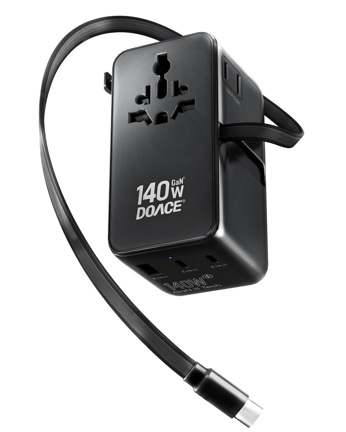 6-in-1 GaN Universal Travel Adapter with Built-In USB-C Cable and Fast Charging