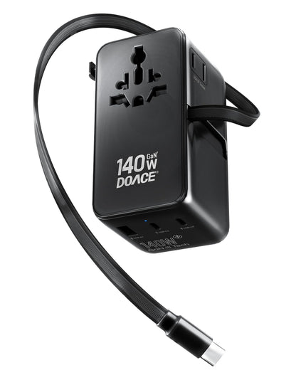6-in-1 GaN Universal Travel Adapter with Built-In USB-C Cable and Fast Charging
