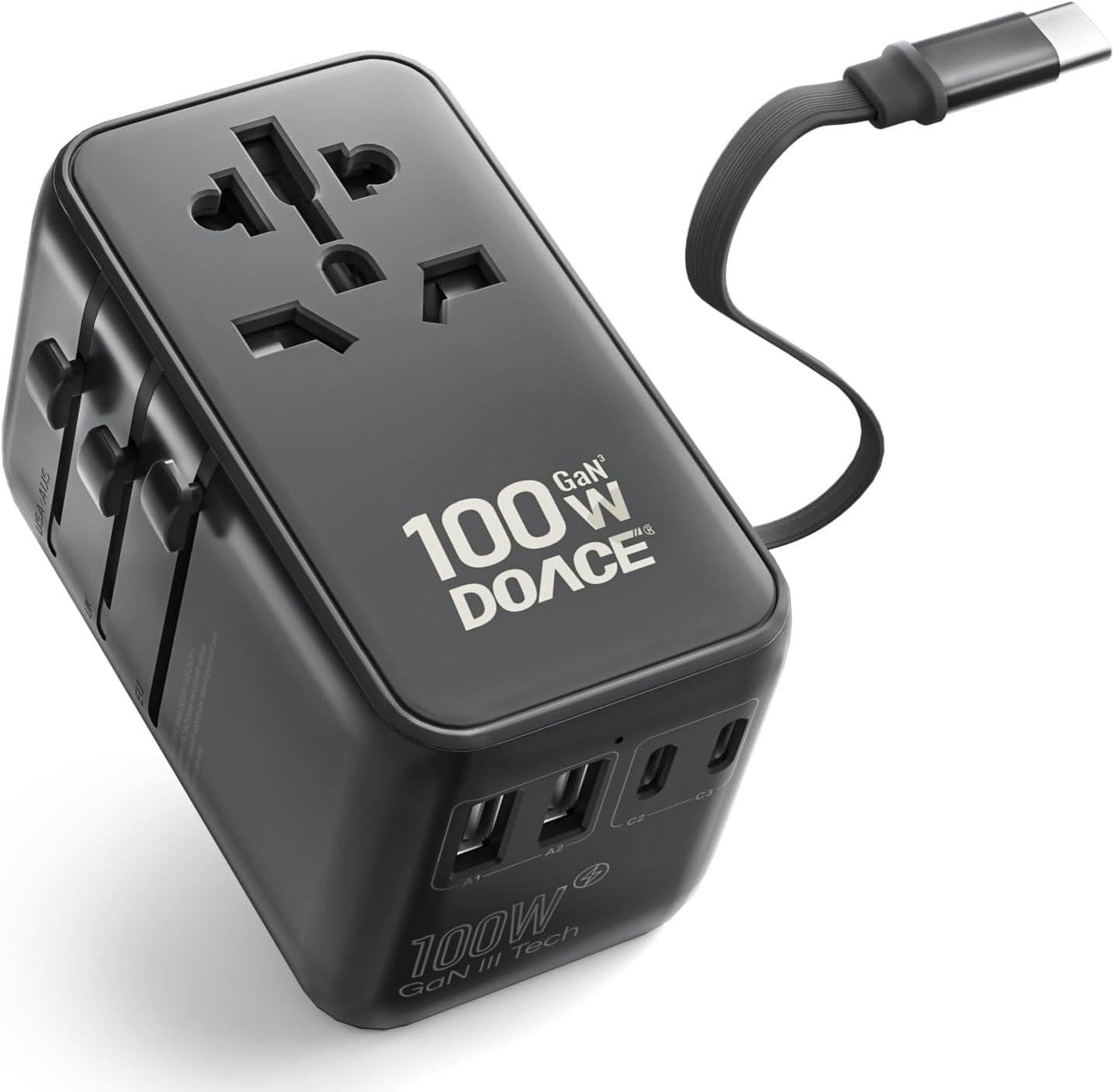 6-in-1 GaN Universal Travel Adapter with Built-In USB-C Cable and Fast Charging