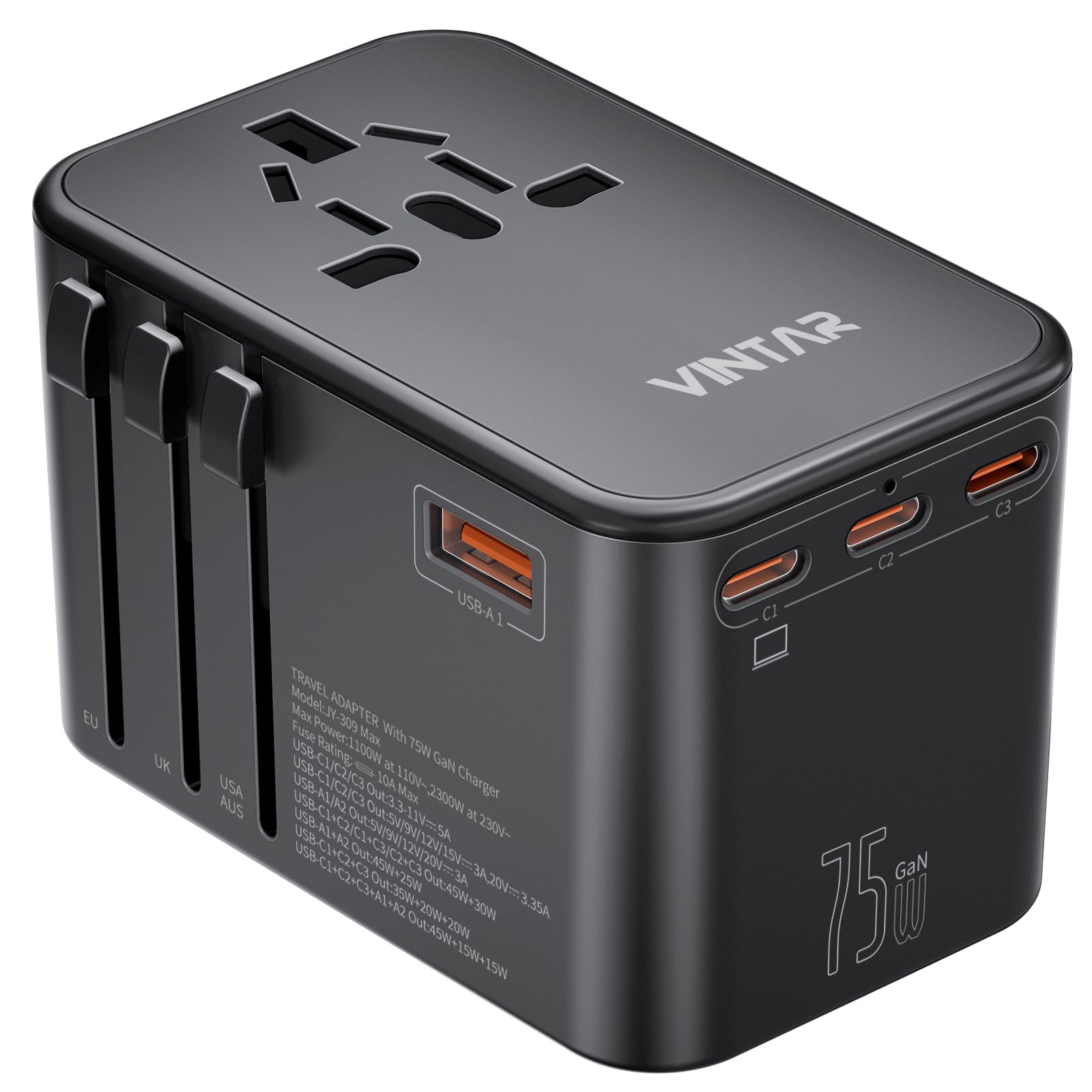 Universal Travel Adapter with 3 USB-C Ports, 2 USB Ports and Worldwide Compatibility