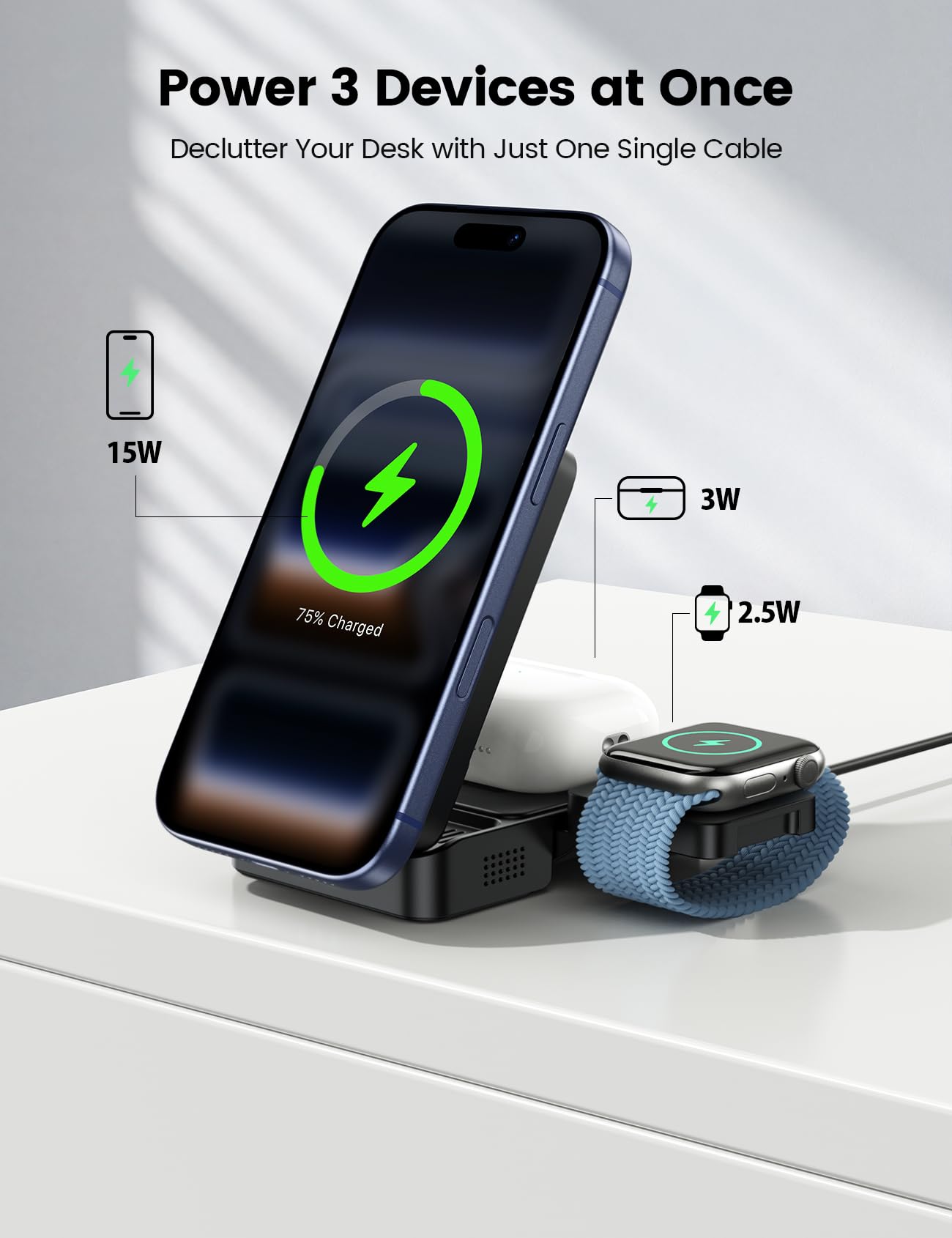 Foldable 3-in-1 Magnetic Wireless Charging Station with Cooling Support