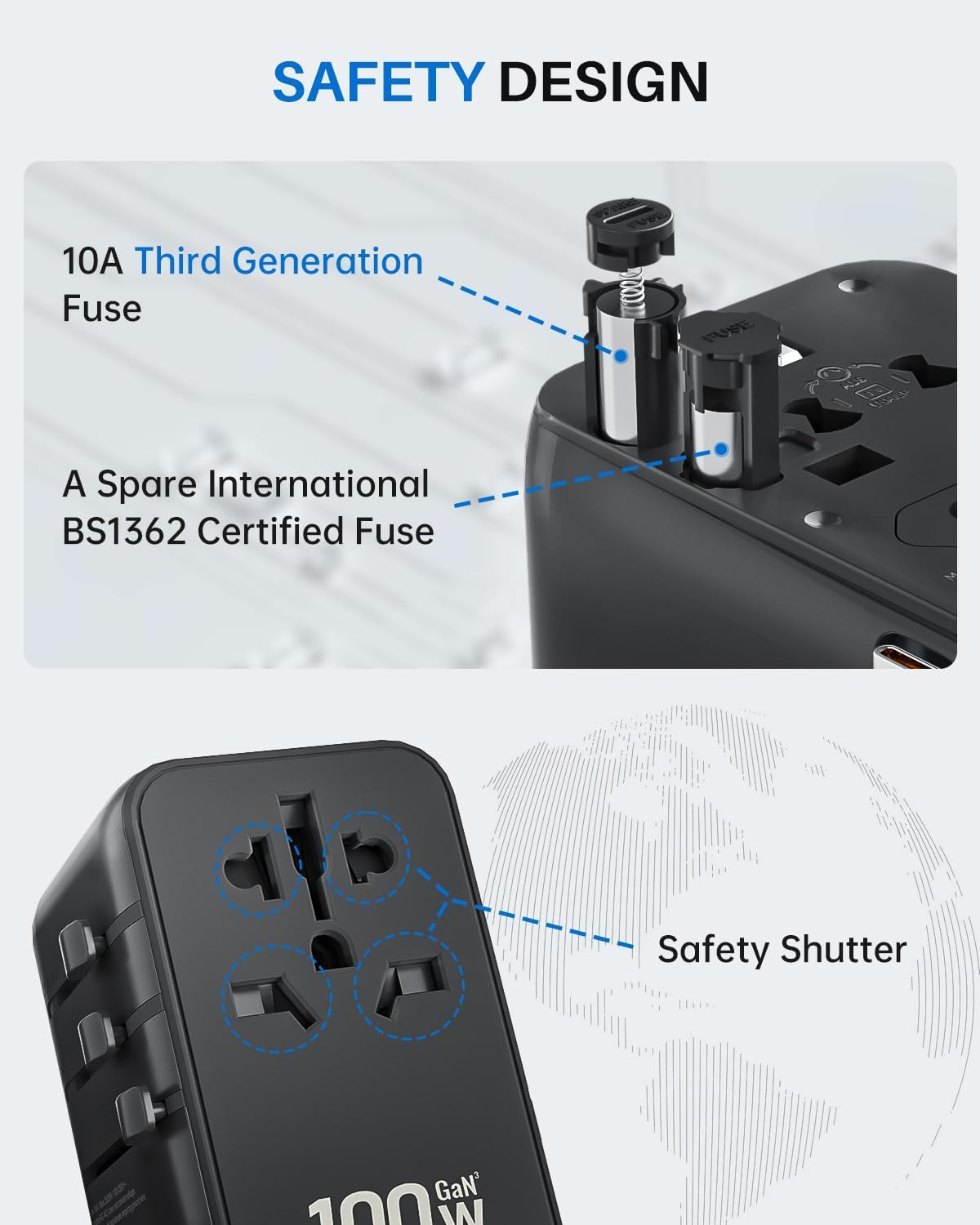 6-in-1 GaN Universal Travel Adapter with Built-In USB-C Cable and Fast Charging