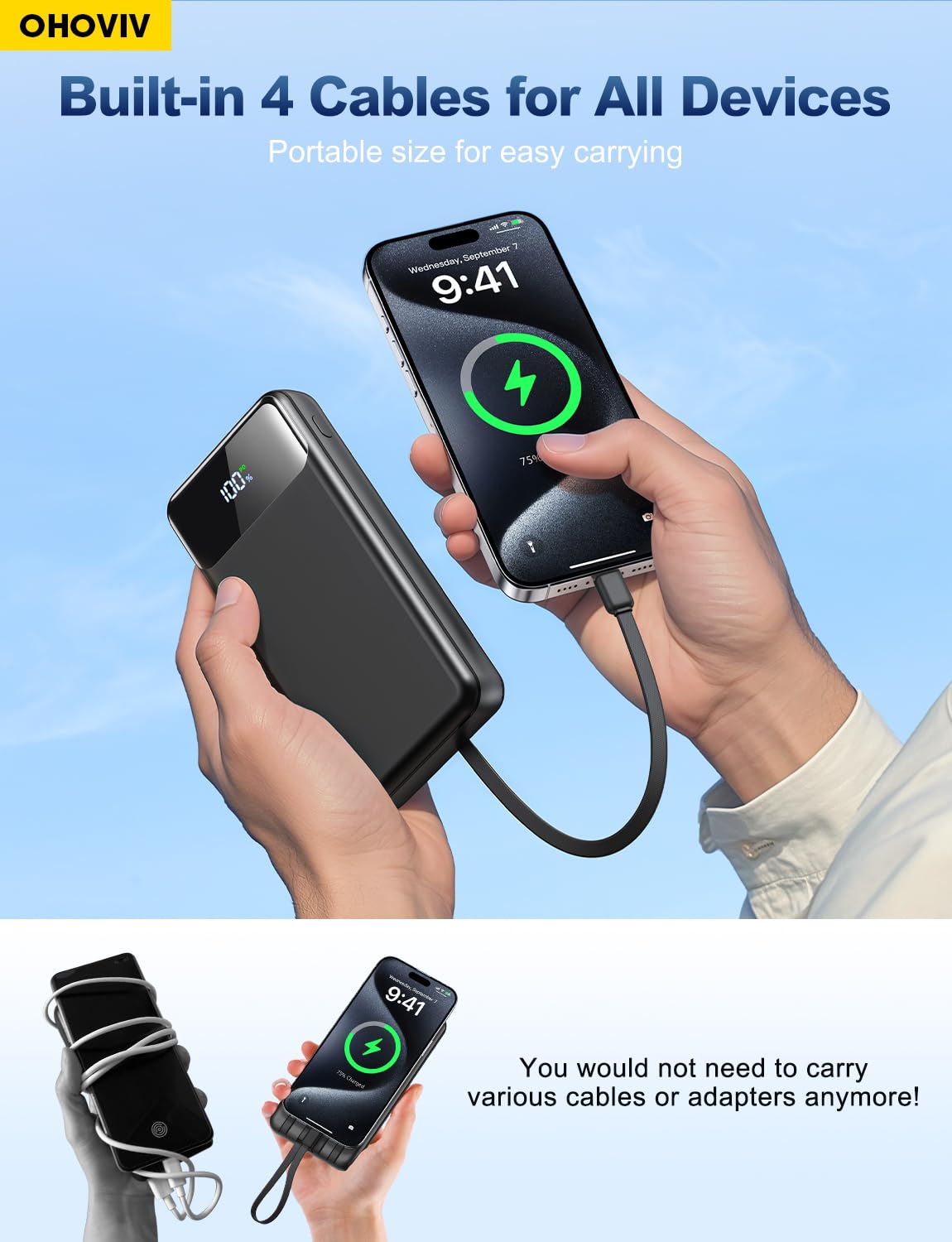 50000mAh Portable Power Bank with Built-In Cables and Fast Charging