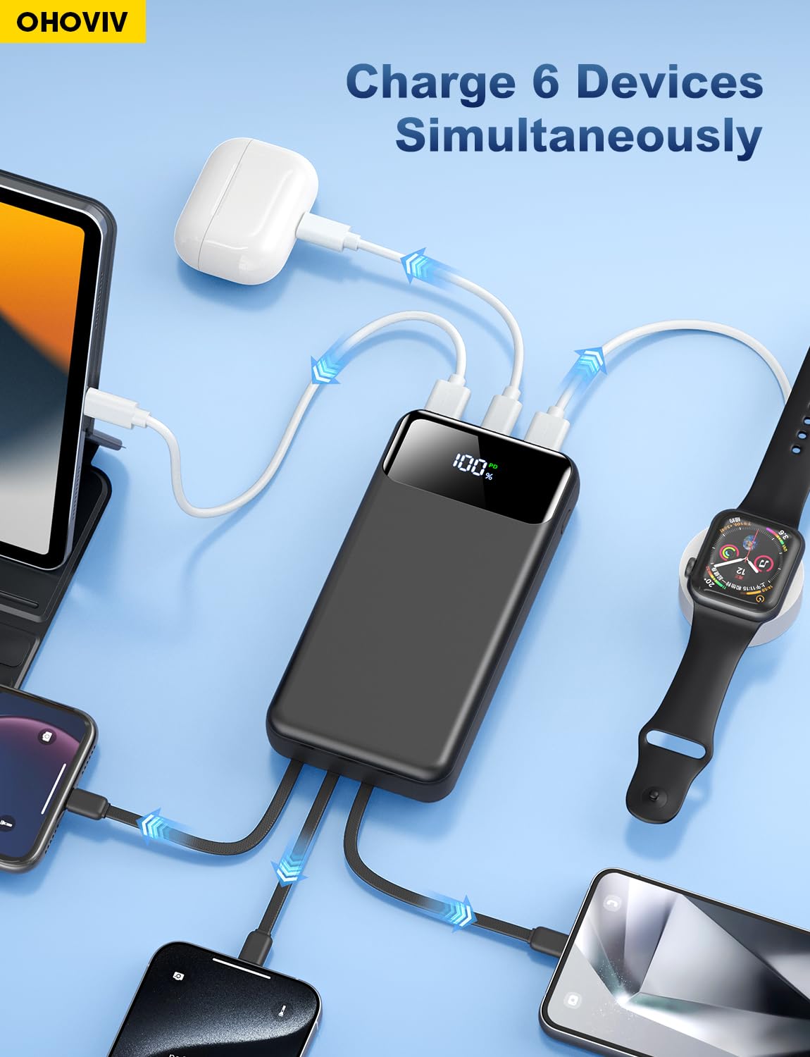 50000mAh Portable Power Bank with Built-In Cables and Fast Charging