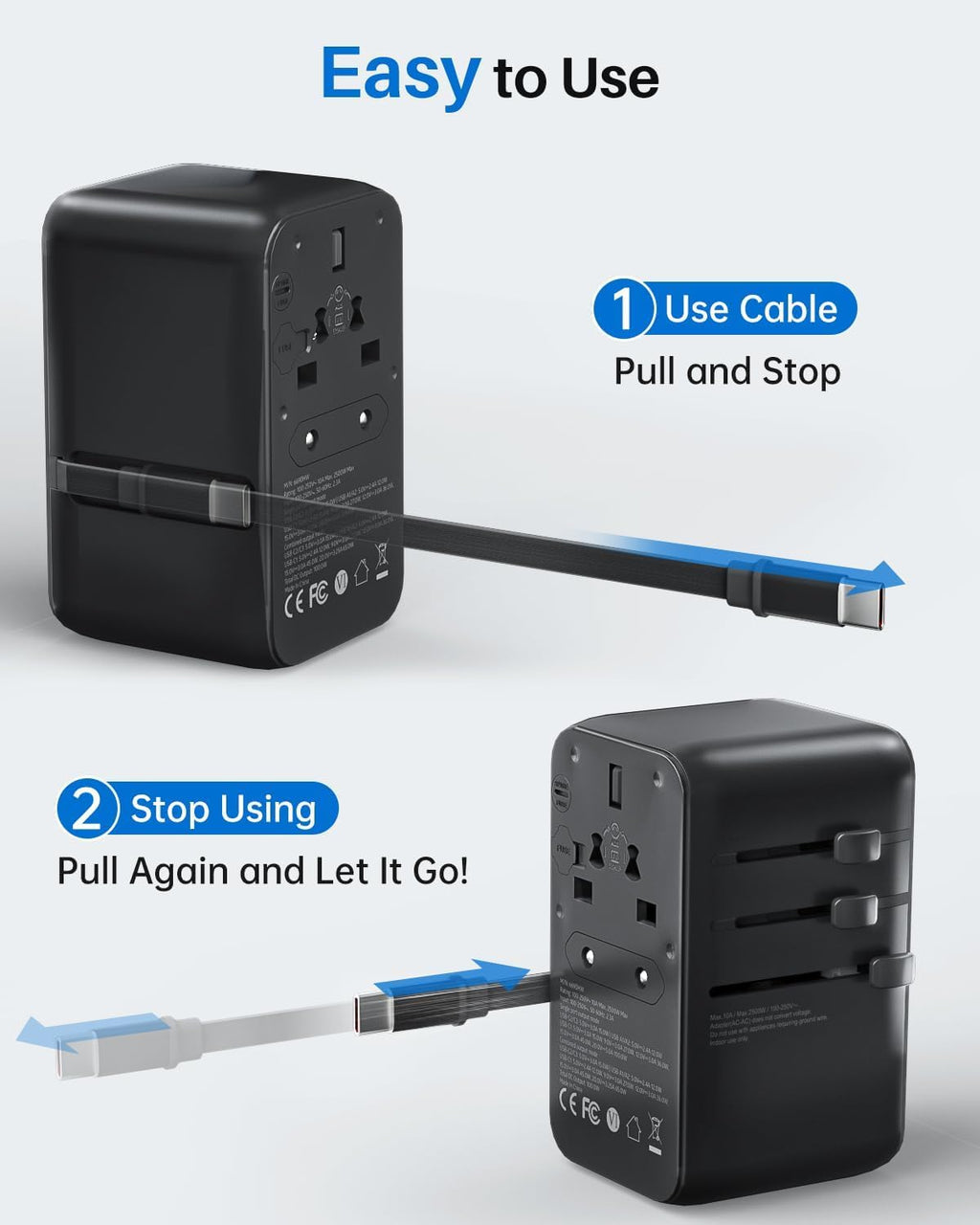 6-in-1 GaN Universal Travel Adapter with Built-In USB-C Cable and Fast Charging