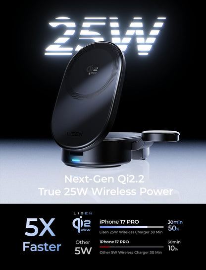25W 3-in-1 Foldable Magnetic Wireless Charging Station with Stand & Adapter