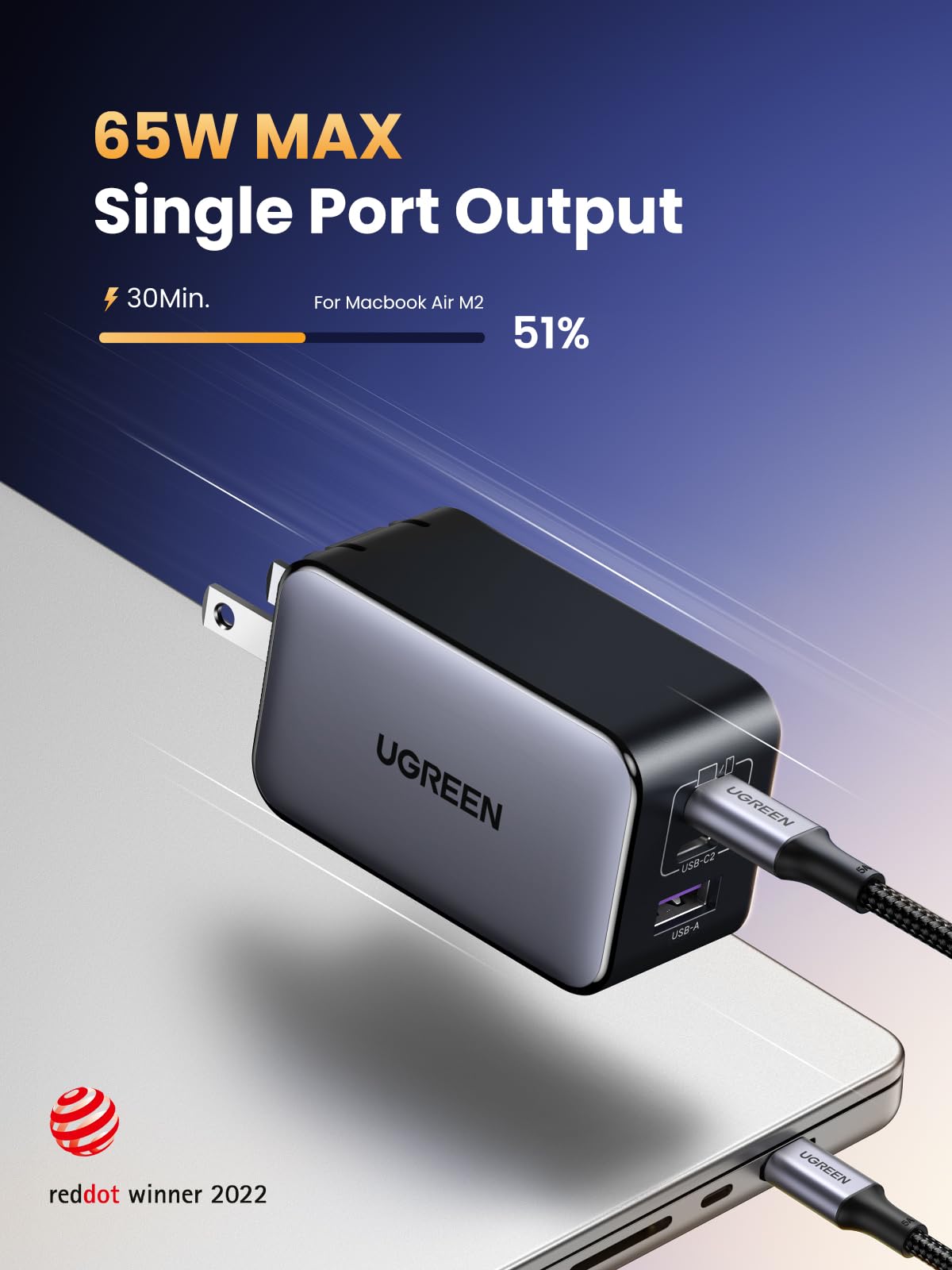65W 3-Port GaN USB-C Charger with Foldable Compact Design
