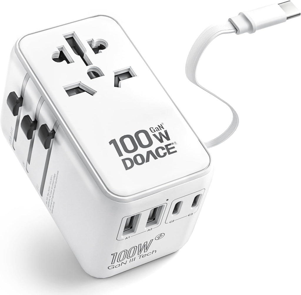 6-in-1 GaN Universal Travel Adapter with Built-In USB-C Cable and Fast Charging