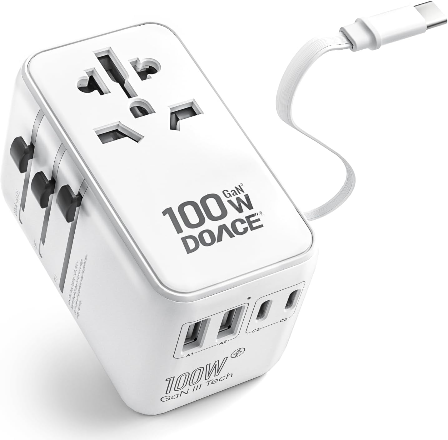 6-in-1 GaN Universal Travel Adapter with Built-In USB-C Cable and Fast Charging