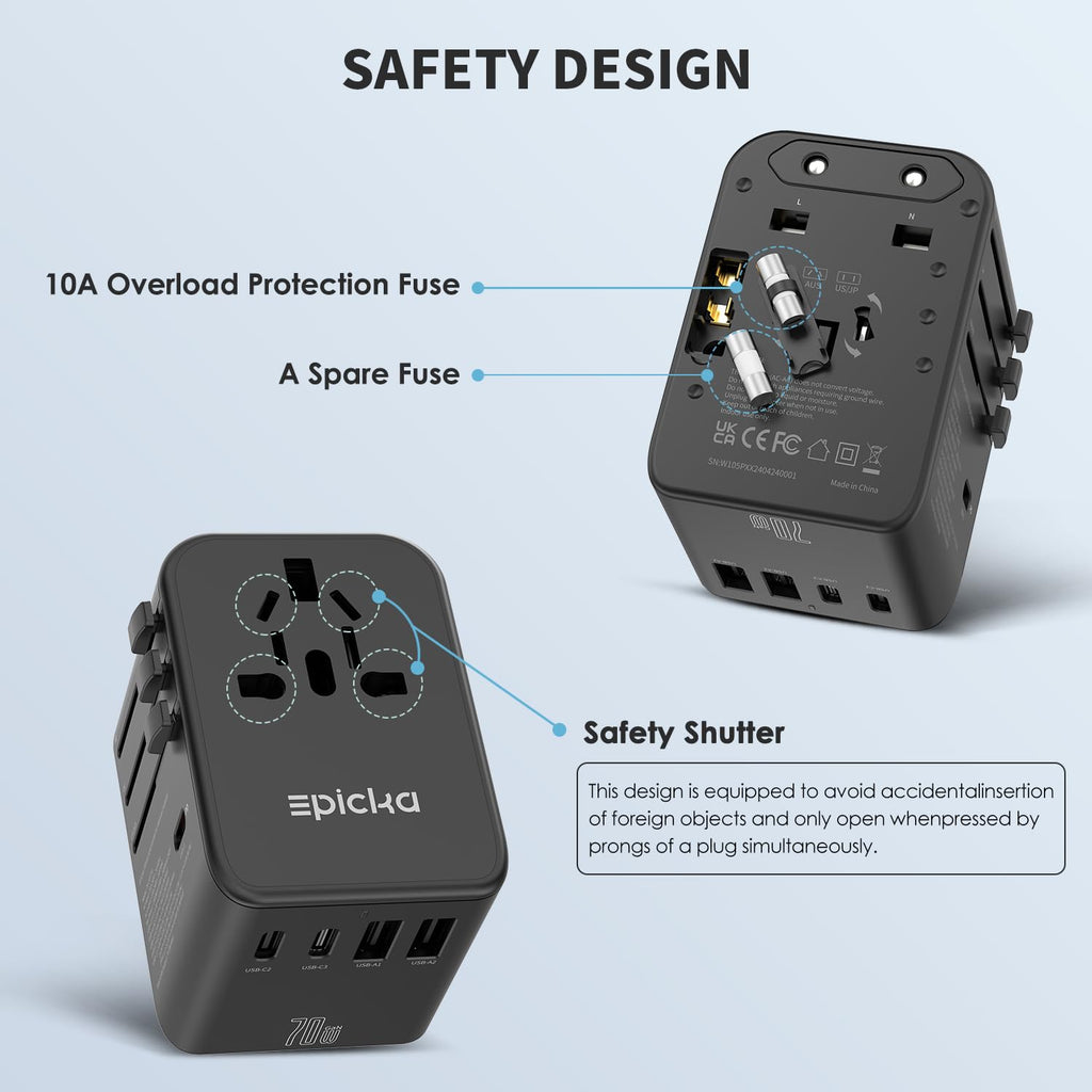 GaN Universal Travel Adapter with 3 USB-C PD Ports and 2 USB-A Ports