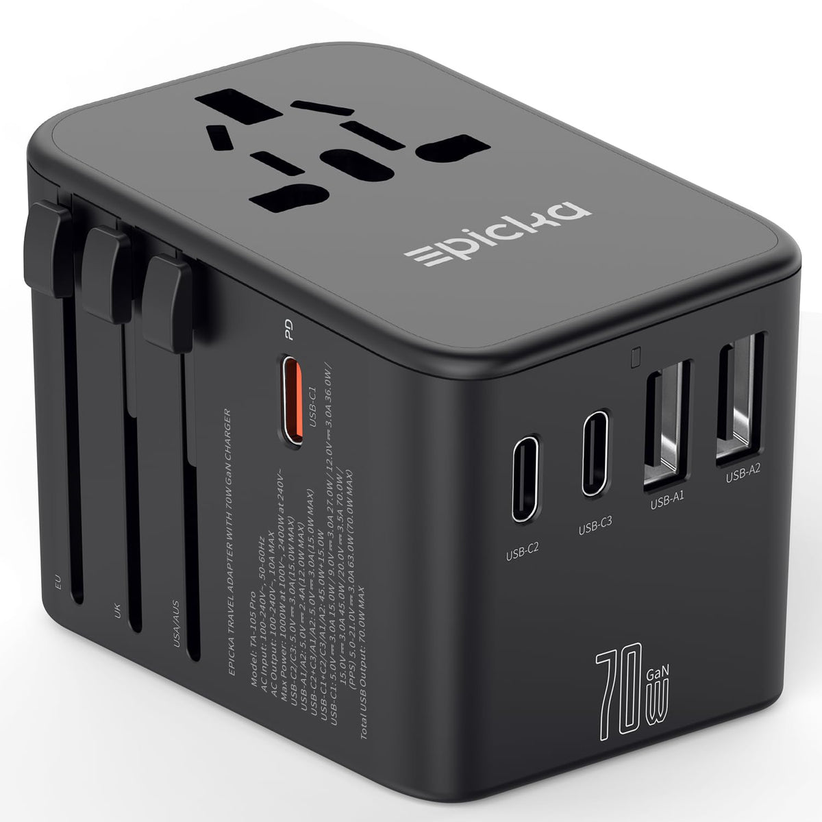 GaN Universal Travel Adapter with 3 USB-C PD Ports and 2 USB-A Ports