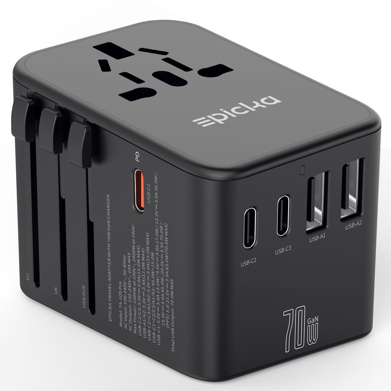GaN Universal Travel Adapter with 3 USB-C PD Ports and 2 USB-A Ports