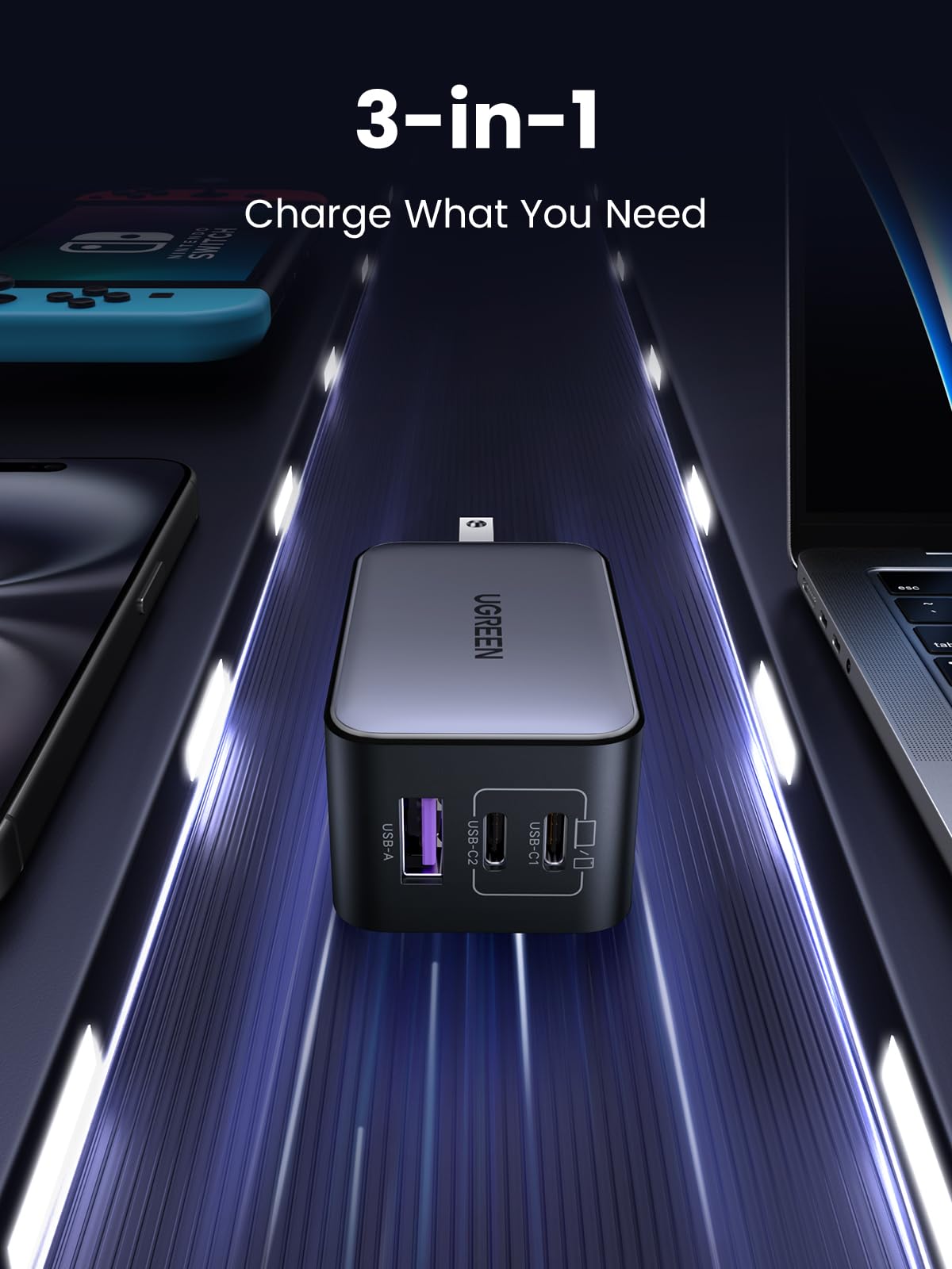 65W 3-Port GaN USB-C Charger with Foldable Compact Design