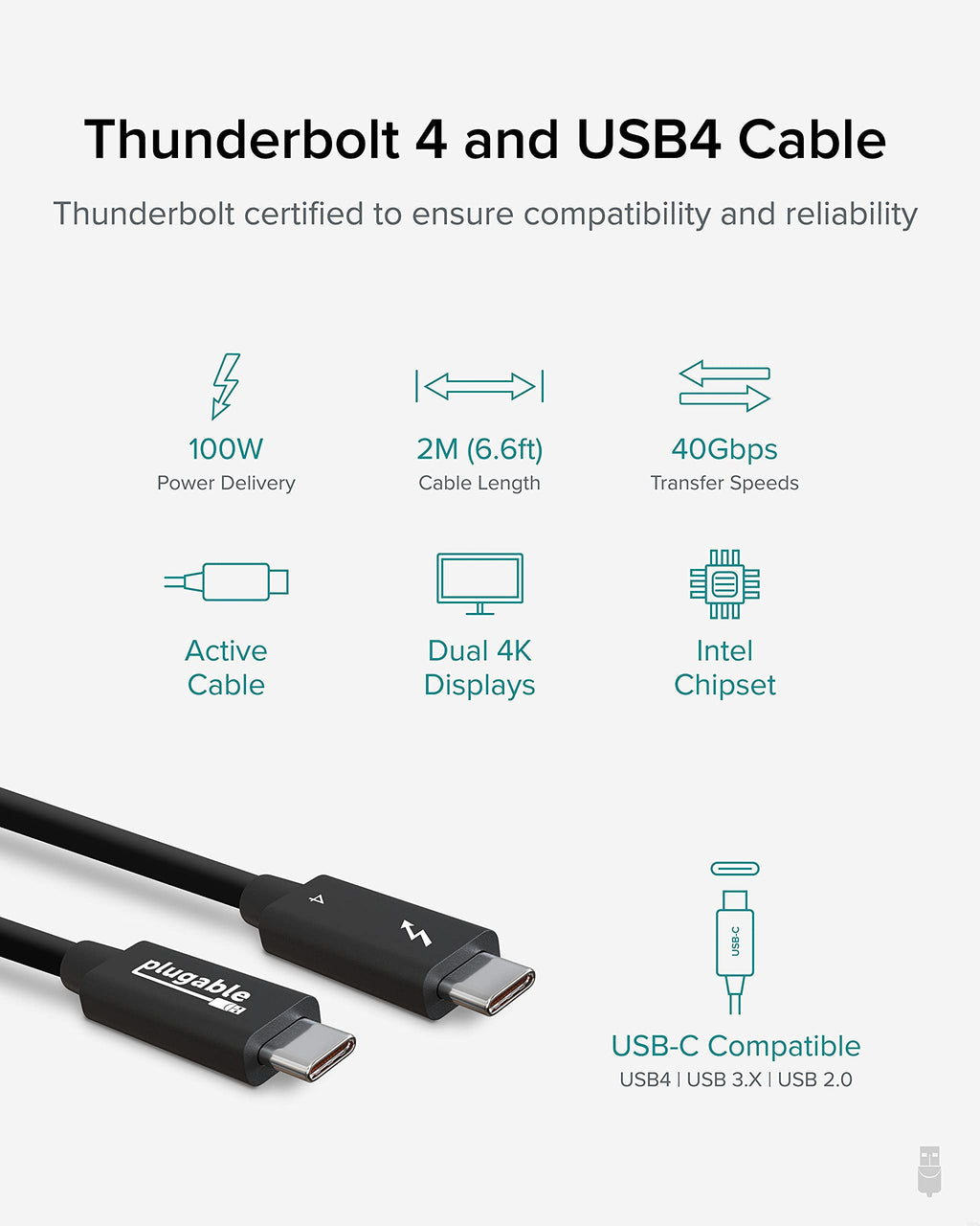 Thunderbolt 4 USB-C Cable with 100W Charging and 40Gbps Data Transfer