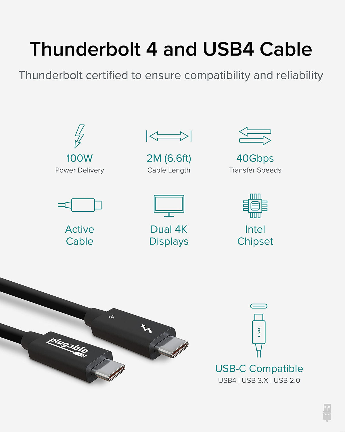 Thunderbolt 4 USB-C Cable with 100W Charging and 40Gbps Data Transfer