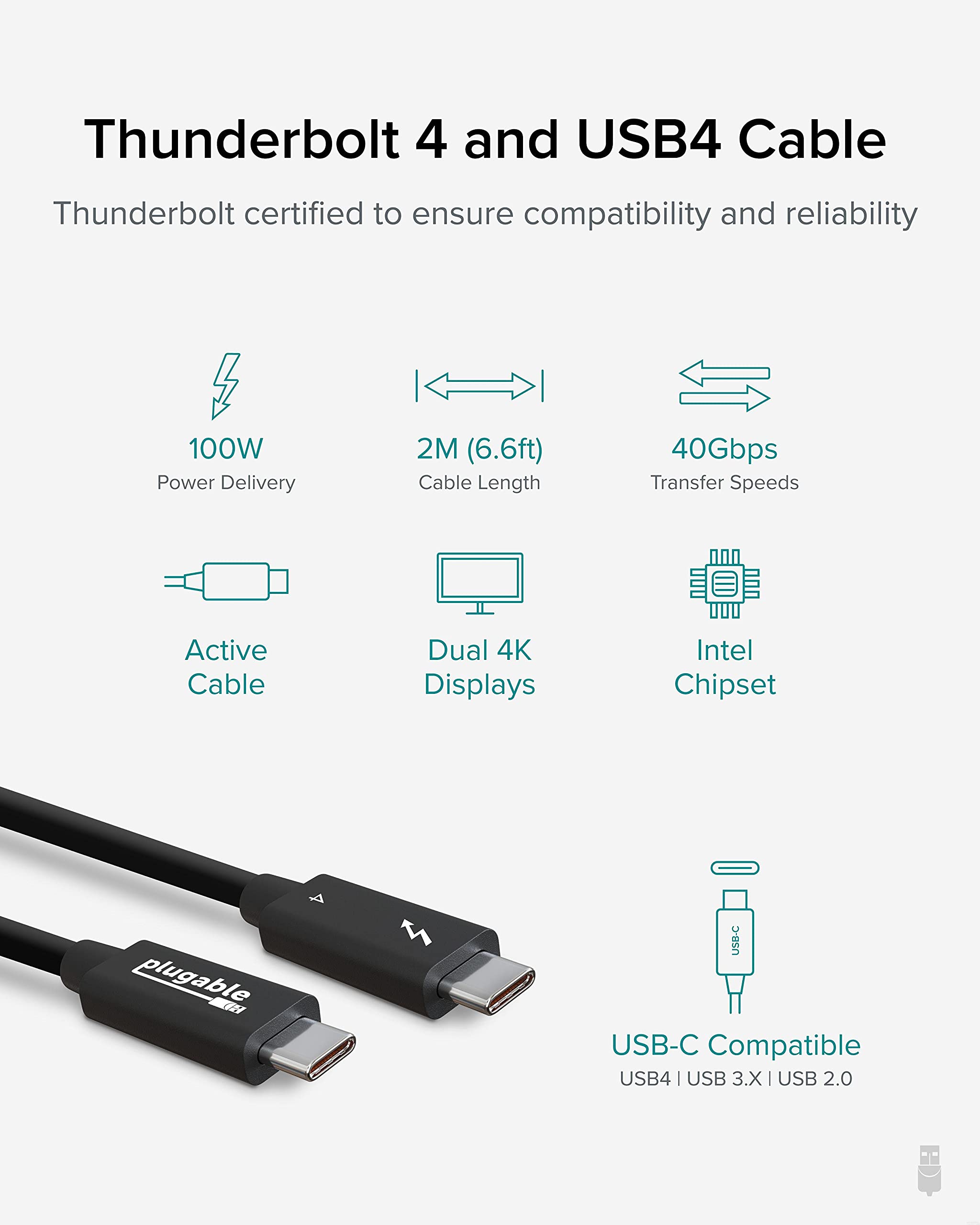 Thunderbolt 4 USB-C Cable with 100W Charging and 40Gbps Data Transfer