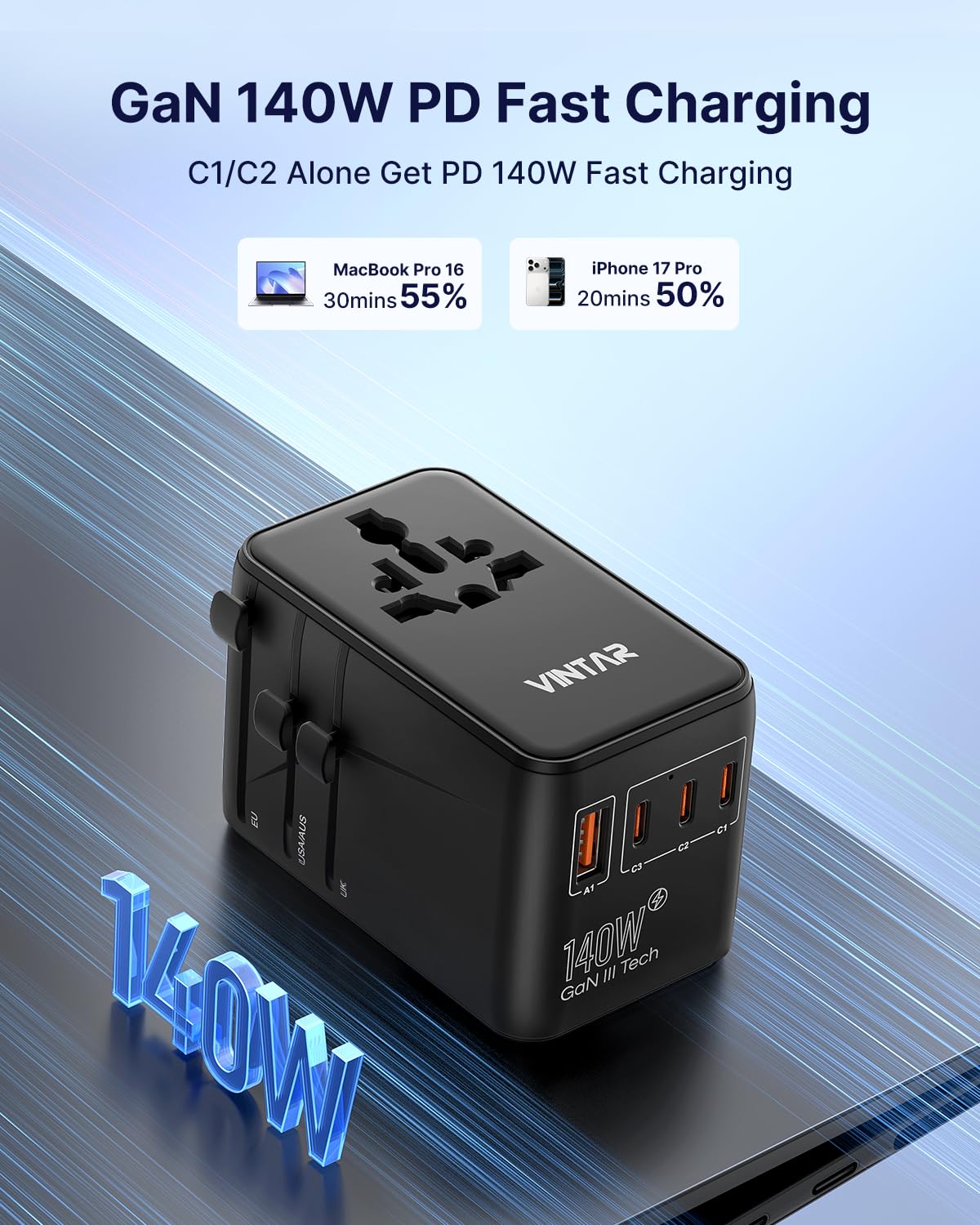 Universal Travel Adapter with 3 USB-C Ports, 2 USB Ports and Worldwide Compatibility