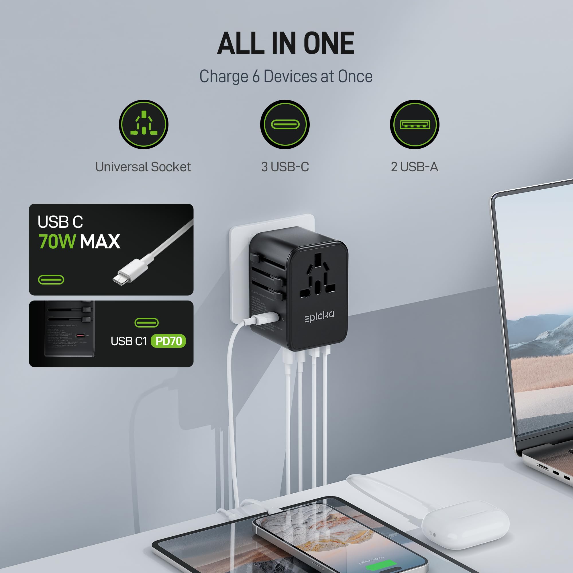 GaN Universal Travel Adapter with 3 USB-C PD Ports and 2 USB-A Ports