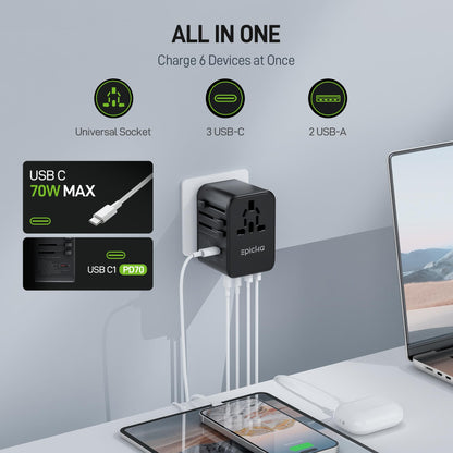 GaN Universal Travel Adapter with 3 USB-C PD Ports and 2 USB-A Ports