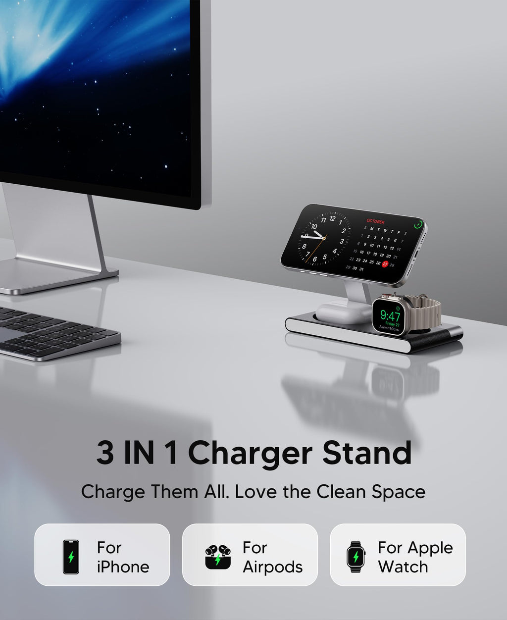 Foldable 3-in-1 Magnetic Wireless Charging Station with Night Light