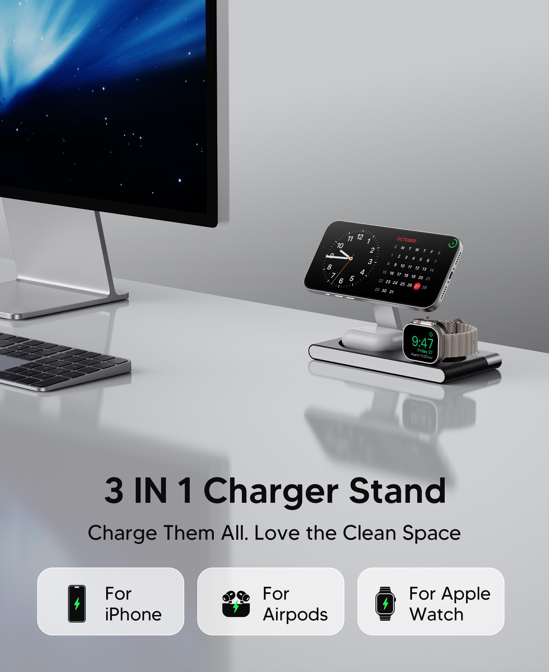 Foldable 3-in-1 Magnetic Wireless Charging Station with Night Light