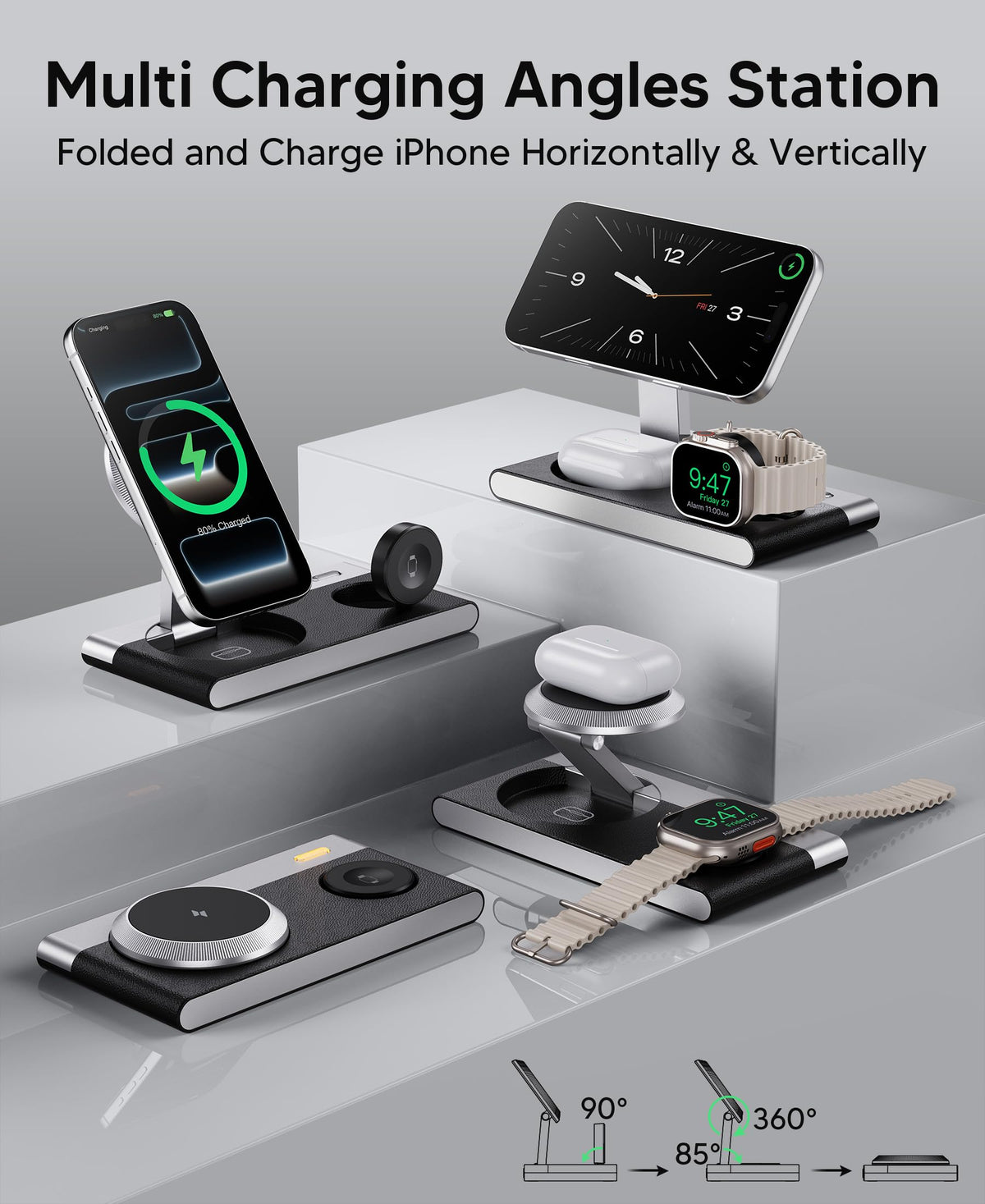 Foldable 3-in-1 Magnetic Wireless Charging Station with Night Light