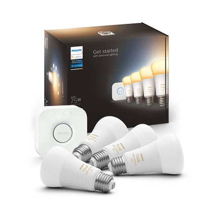 Philips Hue Smart Light Starter Kit - Includes (1) Bridge and (4) 75W A19 E26 LED Smart White and Color Ambiance Bulbs - Control with App - Compatible with Alexa, Google Assistant, and Apple HomeKit