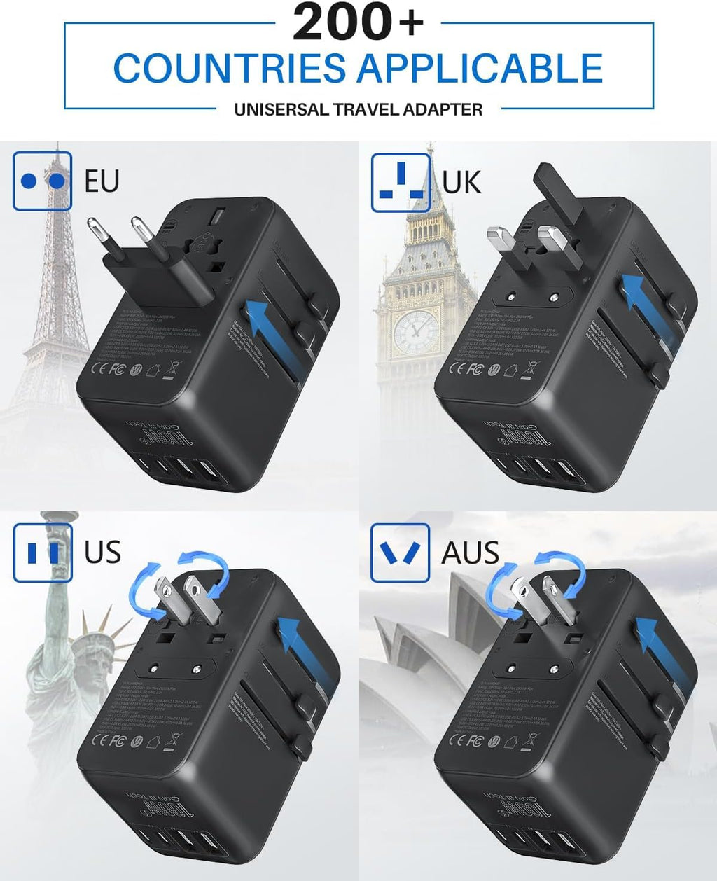 6-in-1 GaN Universal Travel Adapter with Built-In USB-C Cable and Fast Charging