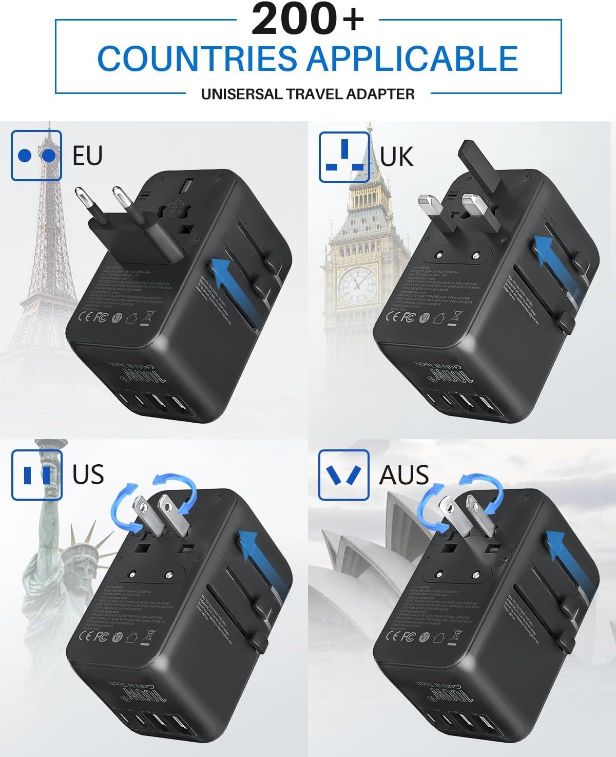 6-in-1 GaN Universal Travel Adapter with Built-In USB-C Cable and Fast Charging