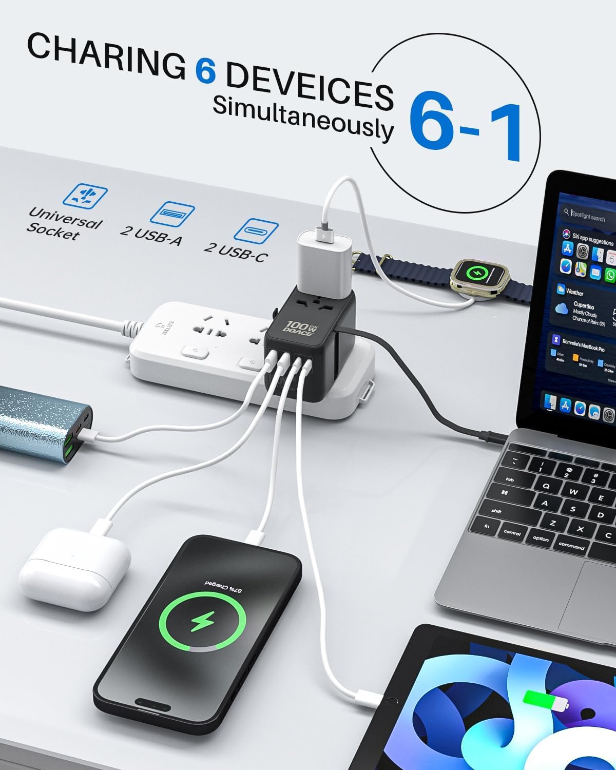 6-in-1 GaN Universal Travel Adapter with Built-In USB-C Cable and Fast Charging