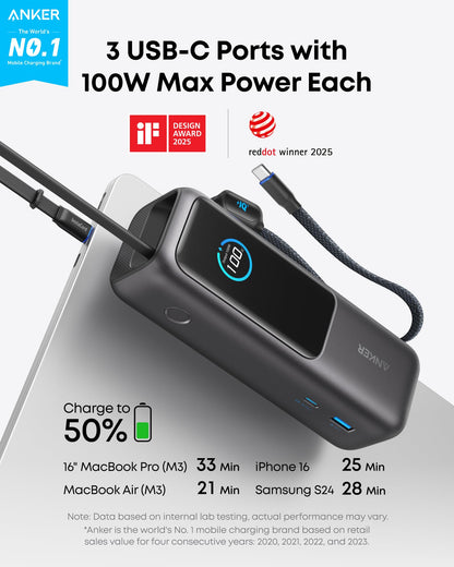 25000mAh 100W USB-C Laptop Power Bank with Built-In Cables