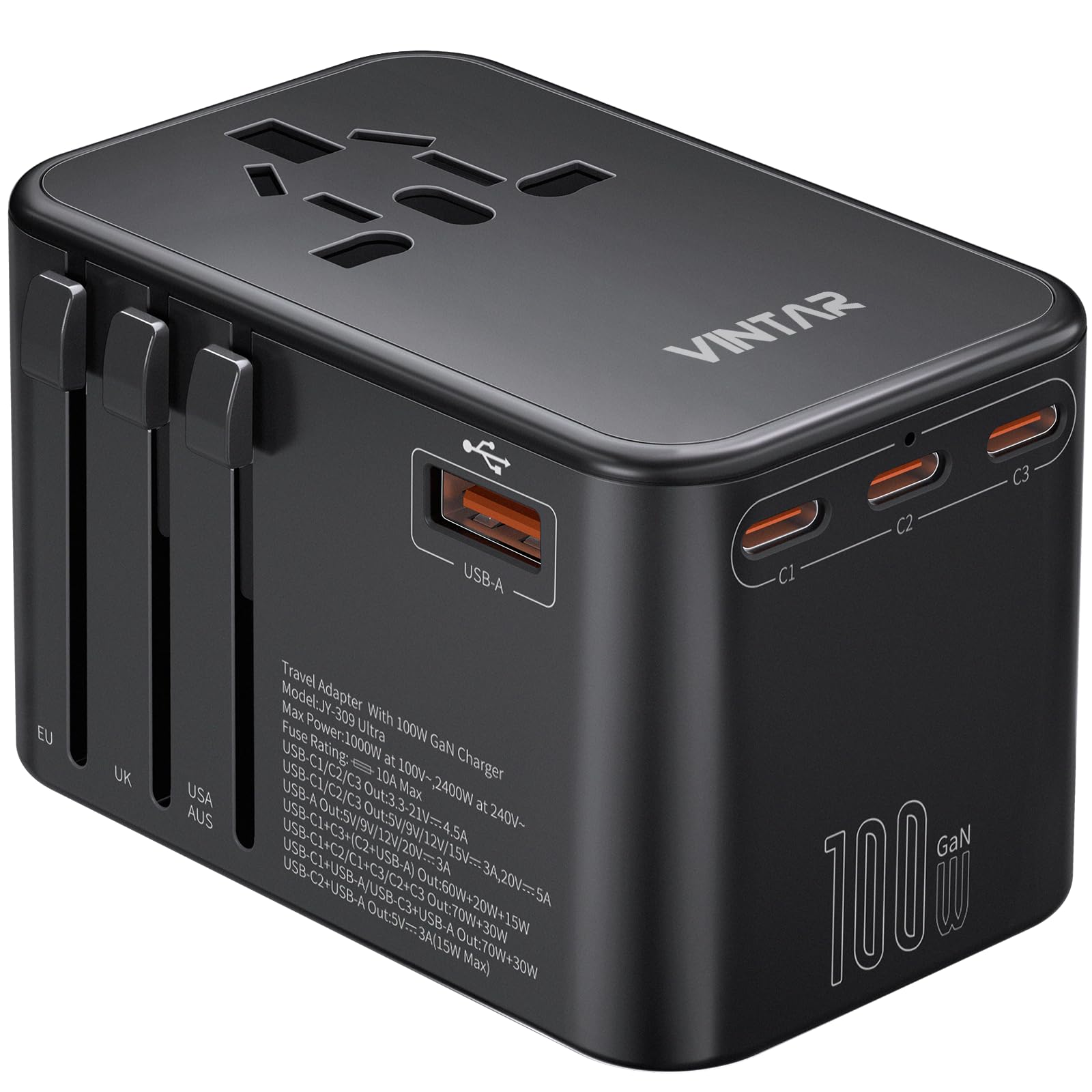 Universal Travel Adapter with 3 USB-C Ports, 2 USB Ports and Worldwide Compatibility